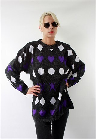 VINTAGE 80'S AMAZING DARK GREY JUMPER WITH GEOMETRIC PATTERN