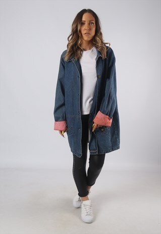 VINTAGE LONGLINE DENIM JACKET OVERSIZED LONG UK 16 18 (GB3S)