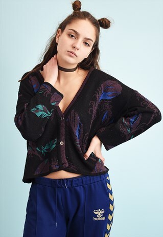 90'S RETRO FEATHER PATTERN MOMS KNIT CARDIGAN
