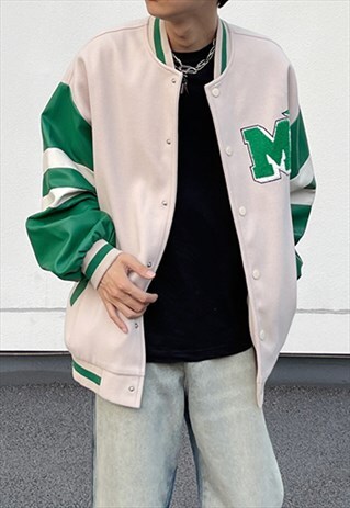Grey Green Oversized  Baseball Varsity jacket Y2k