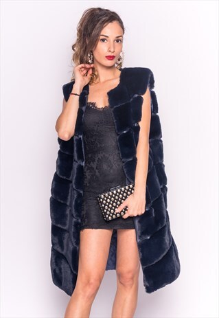 OVERSIZED LUXURY SOFT FAUX FUR GILET COAT IN BLUE PARTY WEA