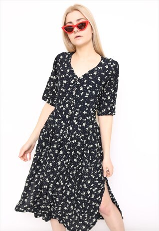 VINTAGE 90S BLACK GREEN BUTTERFLY PRINT MIDI DRESS