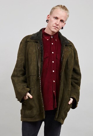 1990'S VINTAGE FULLY LINED MOSS GREEN PREMIUM SHEARLING COAT