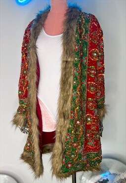 Afghan Faux Fur Sequin Coat Party Christmas Red