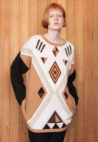 VINTAGE 1980S BROWN PATTERNED JUMPER