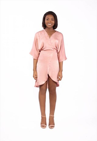 PINK SATIN WRAP KIMONO DRESS