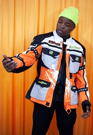 VINTAGE 80S MOTORBIKE JACKET ORANGE BLACK WHITE BIKER RACING