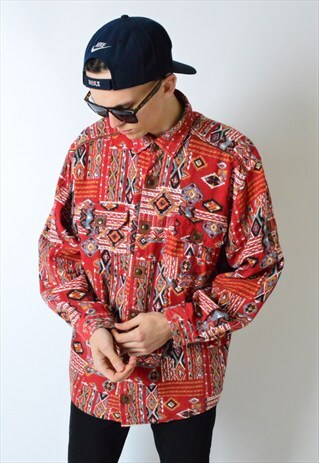 VINTAGE 90S AZTEC PRINT POP BUTTON LONG SLEEVE SHIRT