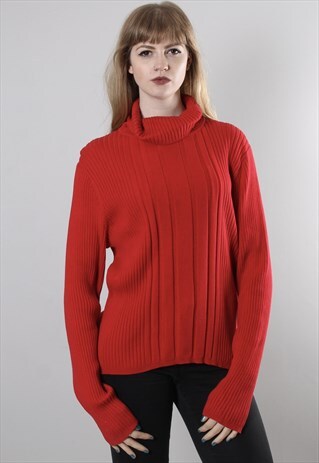 VINTAGE 90S RED RIBBED TEXTURED POLO TURTLE NECK JUMPER