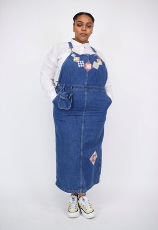 VINTAGE 90'S LONG DENIM PATCH WORK PINAFORE DRESS