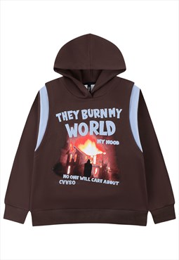 Urban print hoodie flame pullover burning jumper in brown