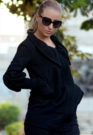 ASYMMETRICAL COAT WITH ZIPPER / BLACK COAT / WOOL COAT
