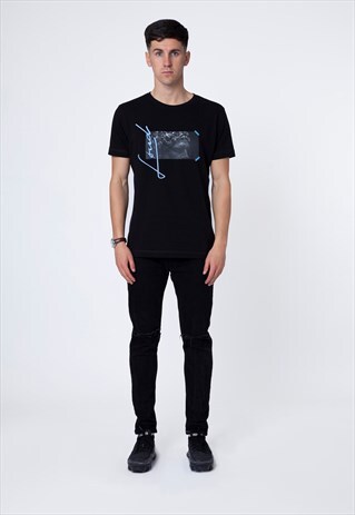 BLACK T-SHIRT WITH BLUE ATHENS DESIGN AND EMBROIDERY