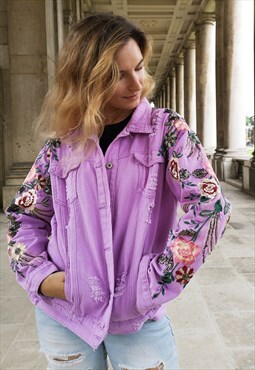 Lilac Floral embroidered lace denim jacket