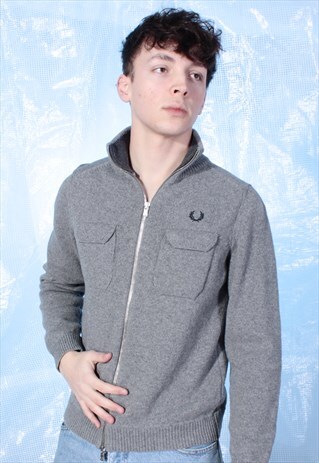 VINTAGE FRED PERRY GREY AND NAVY ZIPPED KNITTED JUMPER