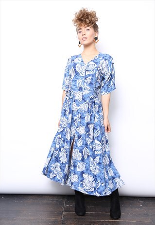 VINTAGE 90S BLUE FLORAL MIDI BUTTON DRESS