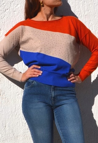 Vintage orange/blue beige gold sequin wool blend sweater