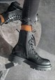 CHUNKY PLATFORM LACE UP ANKLE BOOTS - BLACK CROC