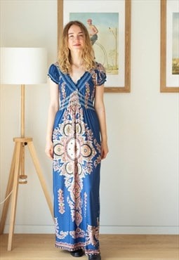 Blue long maxi short sleeve printed dress