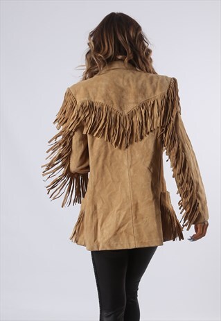 TASSEL FRINGE SUEDE LEATHER JACKET BLAZER FITTED UK 12 (61I)