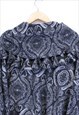 VINTAGE ABSTRACT FLEECE SWEATER GREY FOLD OVER RUFFLED NECK