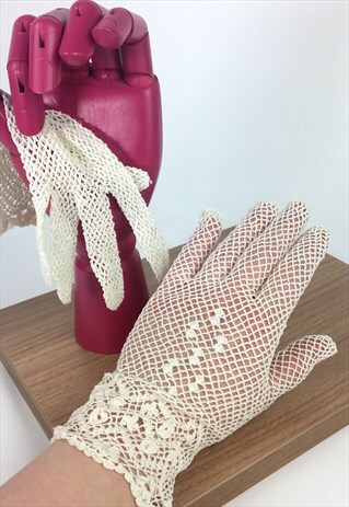 50'S VINTAGE SHORT NET GLOVES - TINY FLOWER- WHITE/CREAM