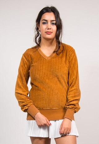 90'S VINTAGE TAN RIBBED TOWELLING SWEAT V-NECK JUMPER