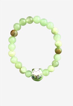 Lucky Cat Light Green Jade Beaded Gemstone Gift Bracelet