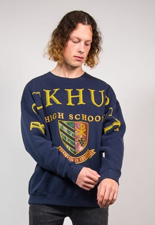 VINTAGE 90'S NAVY BLUE ROCKHURST HIGH SCHOOL USA SWEATSHIRT