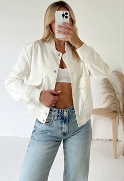 JUSTYOUROUTFIT Cropped Long Sleeve Bomber Jacket White