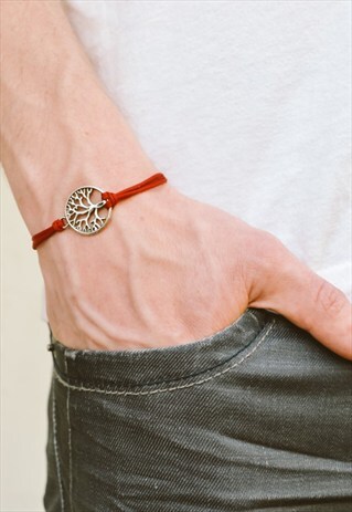 SILVER TREE OF LIFE BRACELET FOR MEN, RED,YOGA MENS BRACELET