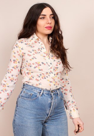 VINTAGE 70S FLORAL PRINT CREAM BLOUSE