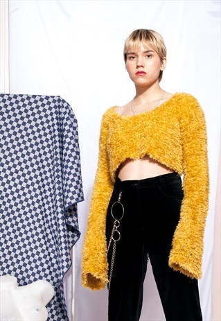 VINTAGE CROP TOP 90S FLARE SLEEVE YELLOW FLUFFY FURRY JUMPER