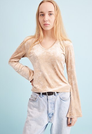 90'S RETRO NEUTRAL FLARE SLEEVE KITSCH VELVET PARTY TOP