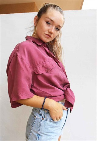 DEEP PINK PURE SILK SHORT SLEEVED BOYFRIEND SHIRT