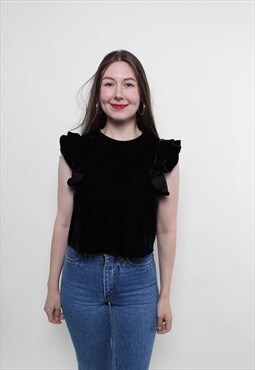 Vintage 90s velvet blouse, sleeveless black blouse ruffle 