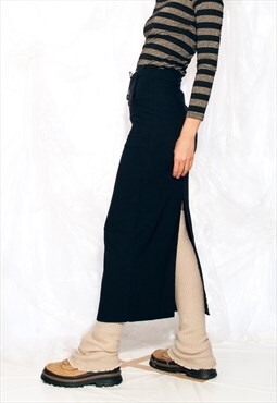 Vintage 90s Maxi Skirt in Black w Long Slit