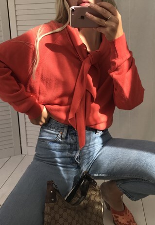 VINTAGE 70S PEACHY TANGERINE FINE KNIT TIE NECK JUMPER