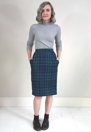 VINTAGE 80'S BLUE AND GREEN TARTAN WOOL PENCIL SKIRT