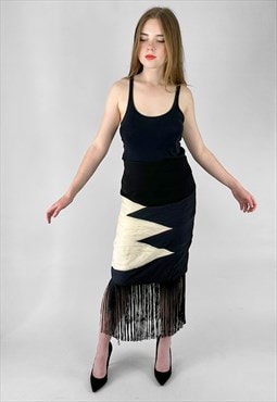 80's Vintage Black Cream Ruched Fringed Pencil Midi Skirt