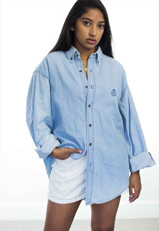 VINTAGE DENIM CHAPS RALPH LAUREN LOGO SHIRT 90S M 14.4