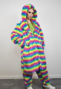 Rainbow fur coat hooded rave striped festival trench jacket