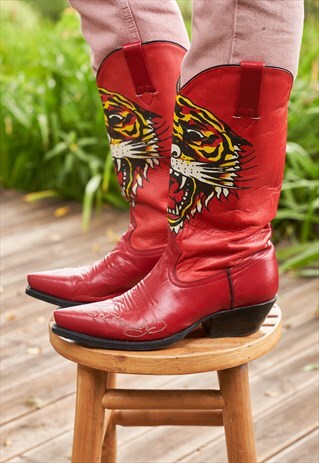 Y2K RARE ED HARDY TIGER COWBOY BOOTS POINTED WESTERN