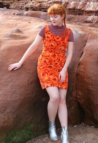 VINTAGE BRIGHT ORANGE FLORAL ROSE PRINT CORDUROY MINI DRESS