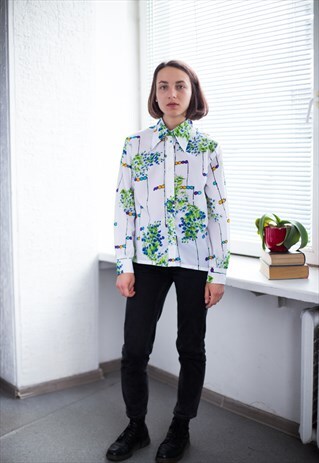 VINTAGE 80'S WHITE FLOWER PATTERNED SHIRT