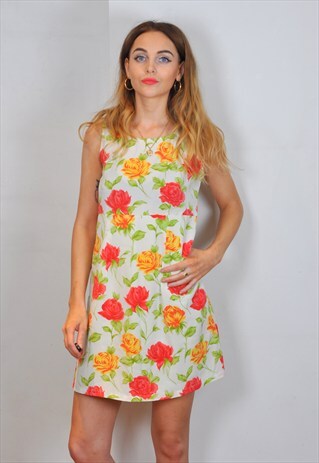 VINTAGE SLEEVELESS WHITE, RED & YELLOW FLORAL DRESS