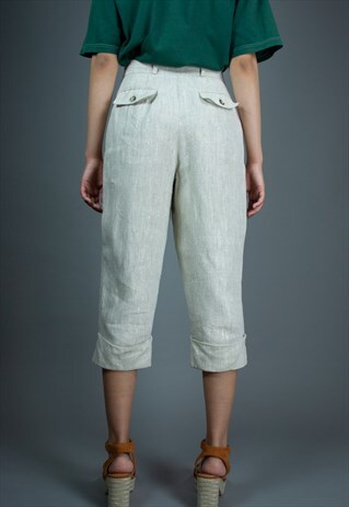 VINTAGE 90S LINEN CAPRI PANTS / CROPPED TROUSERS IN BEIGE