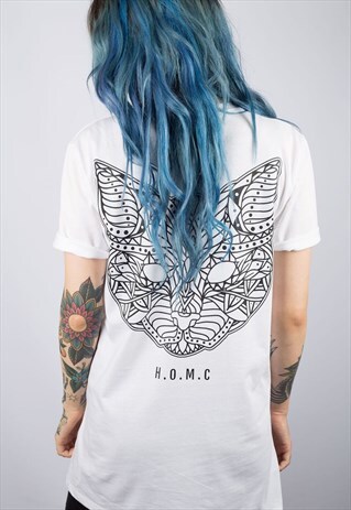 CAT MANDALA WHITE LONGLINE T-SHIRT