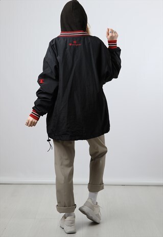 VINTAGE CHAMPION LARGE BLACK WINDBREAKER PULLOVER JACKET