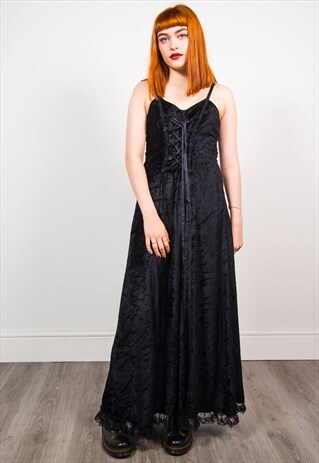 HALLOWEEN 90'S BLACK VELVET GOTHIC CORSET LACE UP MAXI DRESS
